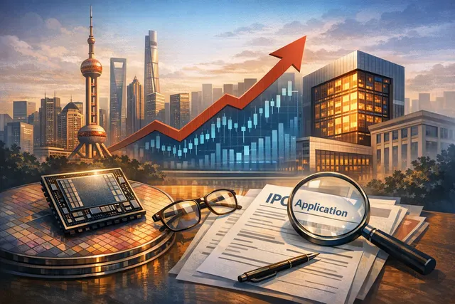 Editorial illustration of Yangtze Memory Technologies advancing toward a Shanghai STAR Market IPO while expanding 3D NAND and AI storage