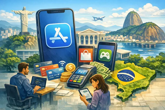 iPhone showing a screen with app marketplace options in Brazil, representing Apple opening iOS to rival app stores and third-party payments after the CADE antitrust settlement.