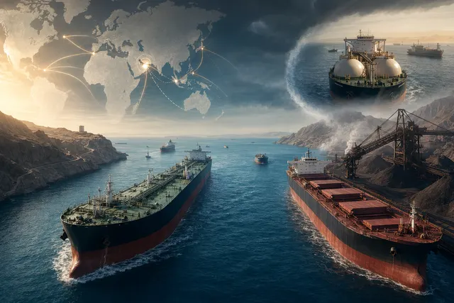 Editorial illustration of ships facing Strait of Hormuz disruption and split tanker and dry cargo markets