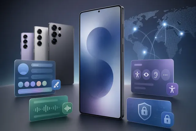 Editorial illustration of a Samsung Galaxy S26 phone showing an Android 17 and One UI 9-style software interface