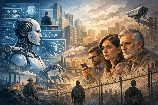 Illustration of public concern and declining trust surrounding artificial intelligence