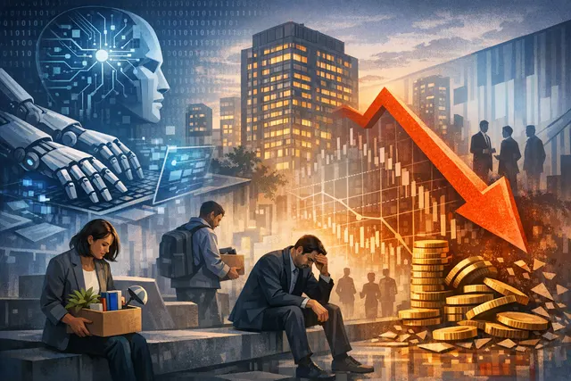 Abstract illustration of a corporate restructuring with AI replacing human roles, showing a building with scattered blocks and a bright sky