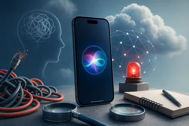 Editorial illustration of Apple’s Siri AI beta on an iPhone