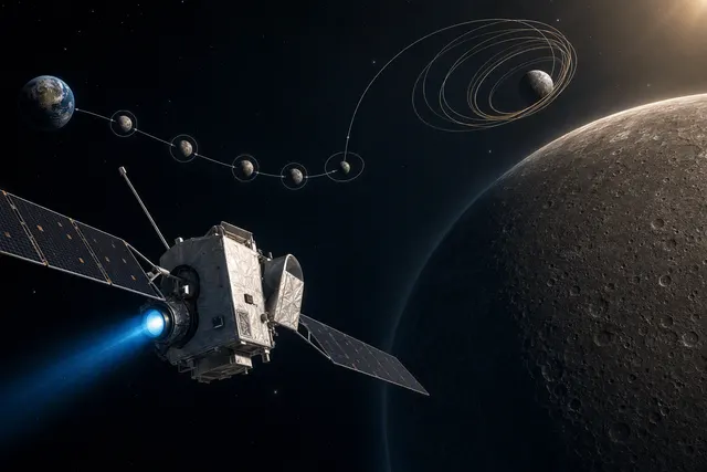 Illustration of the BepiColombo spacecraft approaching Mercury during its arrival phase
