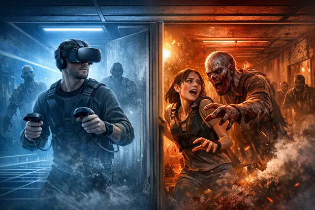 Into the Dead: Crimson Heights hyper reality survival horror game concept showing a living room transformed into a zombie-infested apartment building