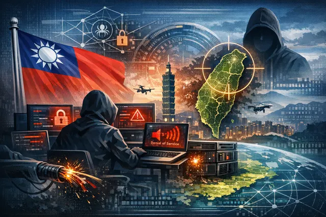 Digital illustration of Taiwan cybersecurity risks including fake messaging apps, ransomware, supply chain vulnerabilities, edge devices, and social engineering threats on governme