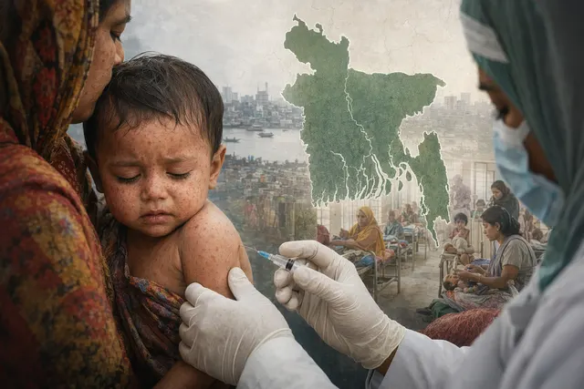 Illustration representing Bangladesh measles outbreak affecting children and hospitals