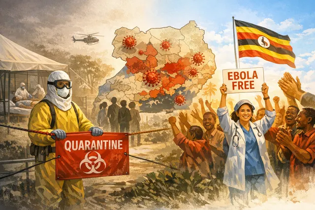 A conceptual map of Uganda and the Democratic Republic of the Congo with Ebola virus icons, illustrating the 2026 Bundibugyo virus outbreak and the cross-border spillover from the