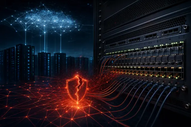 Illustration of a data-center network switch and cybersecurity alert