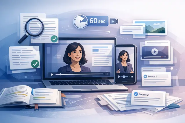 NotebookLM Short Video Overviews interface showing a 60-second TikTok-style AI-generated video summary of uploaded research documents