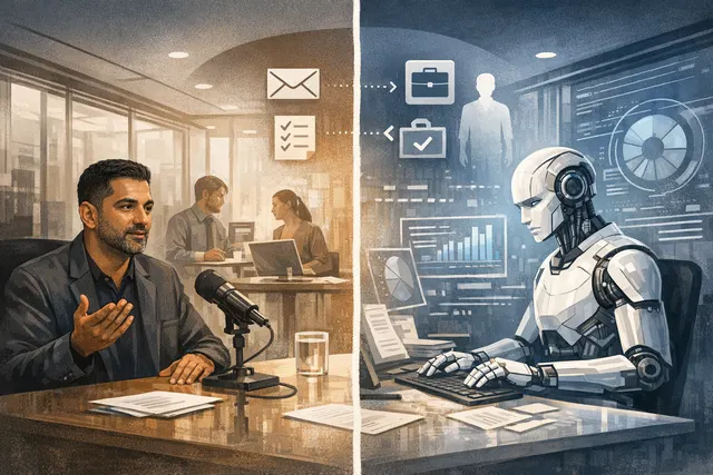 Digital illustration reflecting Microsoft AI CEO Mustafa Suleyman's commentary on white-collar task automation and criticism of AI consciousness language.