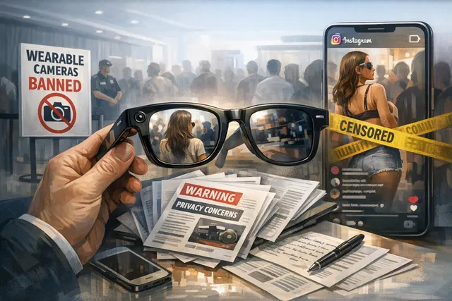 A pair of Ray-Ban Meta smart glasses on a dark surface with a digital 'privacy ban' and 'subscription' overlay, symbolizing the three concurrent pressures Instagram crackdown, venu