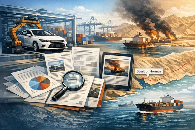 AI-generated image of a cargo ship navigating through a narrow strait with geopolitical tension imagery, representing the Strait of Hormuz blockade and its impact on Toyota's produ