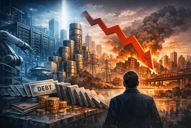 A stylized digital illustration showing a graph line trending upward with data center silhouettes and financial ticker symbols, representing the AI infrastructure investment boom a