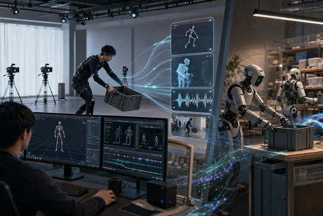 Concept illustration of a wearable capturing human movement and surroundings for robot-training data