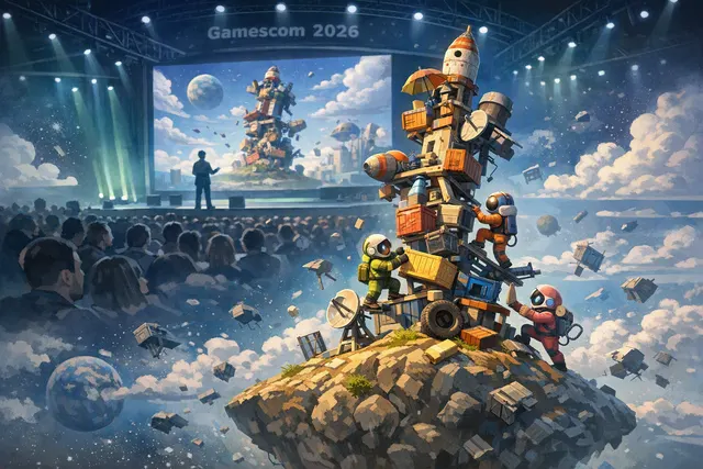 Stylized editorial illustration of players building a precarious tower from space junk in What Goes Up