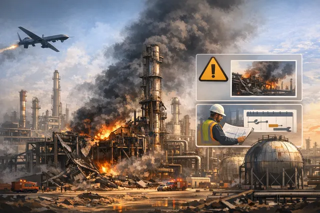 Aerial view of the SATORP refinery in Jubail, Saudi Arabia with smoke and fire damage visible on one processing unit after drone strikes.