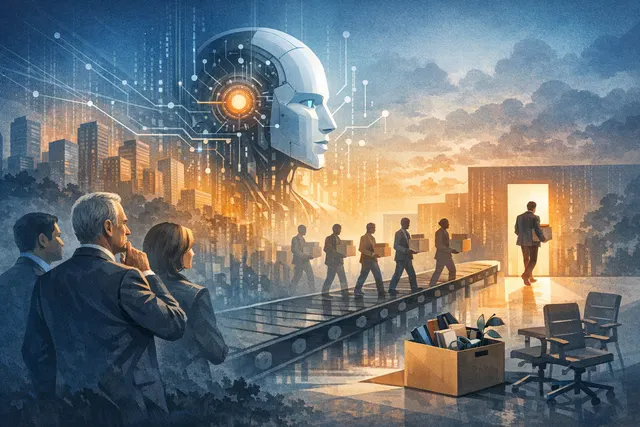 A split illustration contrasting executive boardroom confidence with a divided labor market showing both data-driven hiring shifts and worker anxiety about AI-driven job loss.