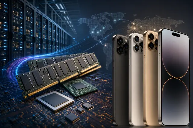 Editorial illustration about AI data centers, memory chips and rising consumer-device prices