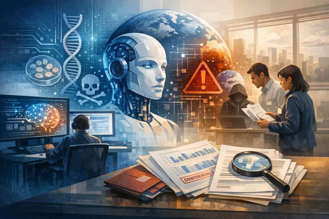 Abstract editorial illustration of an open-weight AI model connected to cyber and biological risk symbols