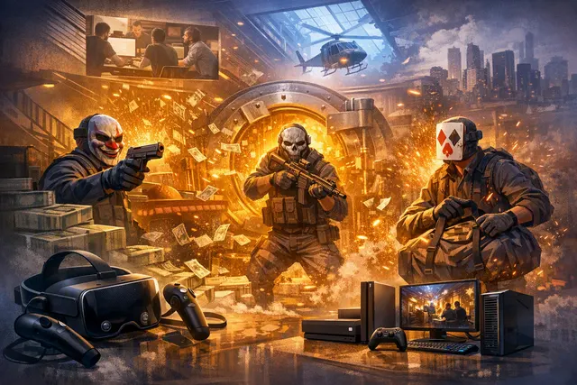 Stylized VR heist scene representing PAYDAY: Aces High with masked robbers, weapons and a high-stakes bank operation