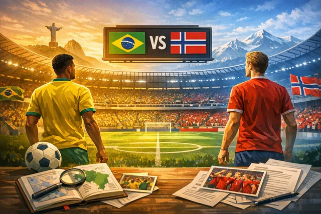 Brazil and Norway team crests with the 2026 World Cup Round of 16 match details at MetLife Stadium