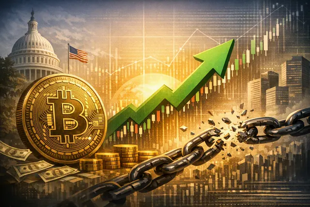 Bitcoin rising above $80,000 beside visual symbols for ETF inflows, Treasury bonds and Federal Reserve rate pressure