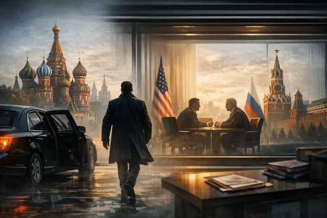 Editorial illustration of a CIA director’s secret Moscow meeting, NATO warnings and missile attacks over Kyiv