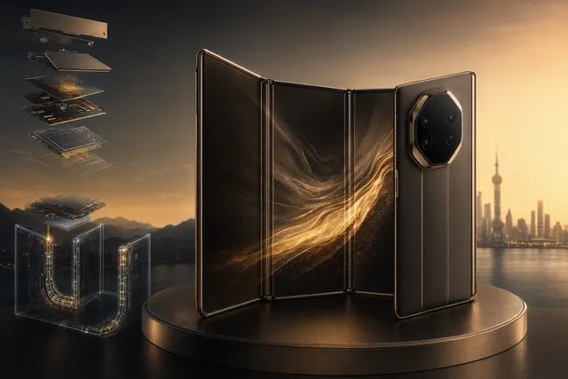 Editorial illustration of Huawei’s Mate XT 2 tri-fold smartphone