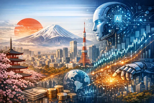 Digital visualization of Japan's AI market as a rising sun over a stock market graph, highlighting a value-investment opportunity.