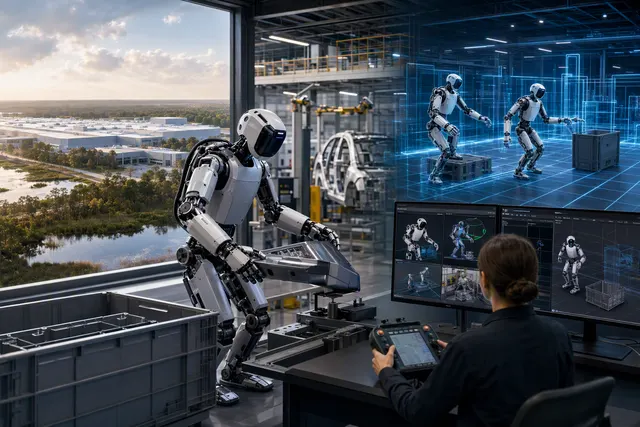 Illustration of a humanoid robot performing automotive parts logistics in a modern factory