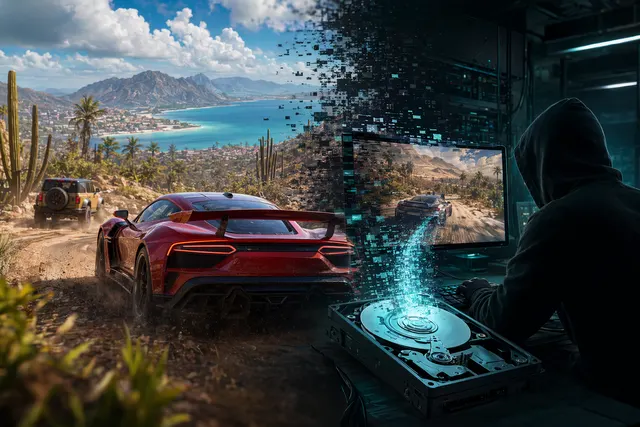 Stylized racing car with digital file-leak imagery representing the reported Forza Horizon 6 Steam preload leak