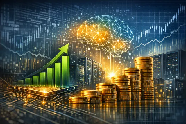 Editorial illustration of Nvidia’s AI-driven stock rally and projected 70% fiscal 2028 revenue growth