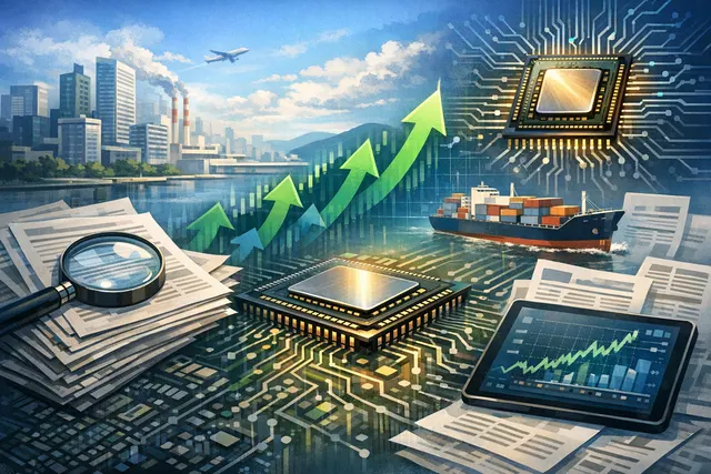 A stylized illustration showing a stock market graph trending upward with semiconductor chip silhouettes and the Alphabet logo in the background, representing the Asian semiconduct