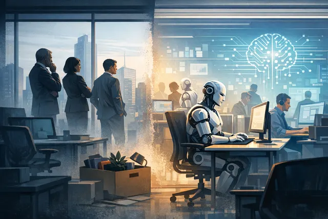 AI transforming white-collar office work with a futuristic, automated corporate environment