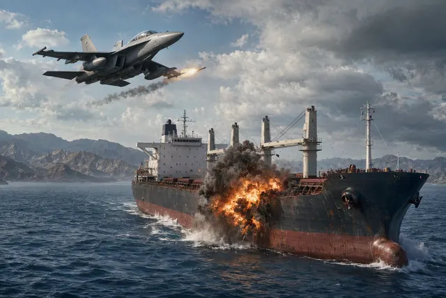 AI-generated illustration of a cargo ship at sea near a military aircraft, representing the reported Ocean Molica strike.