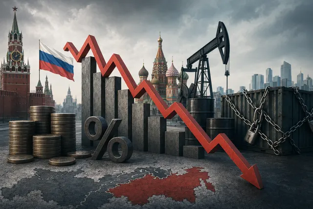 Illustration of Russia’s economy slowing under pressure from sanctions, high rates and oil disruptions