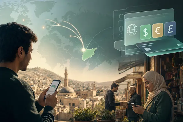 Illustration of cross‑border digital banking connecting Syria to international financial networks