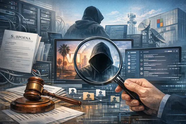 Editorial illustration of a digital investigation into Grand Theft Auto VI leaks, showing social-media accounts, subpoena documents and a court file