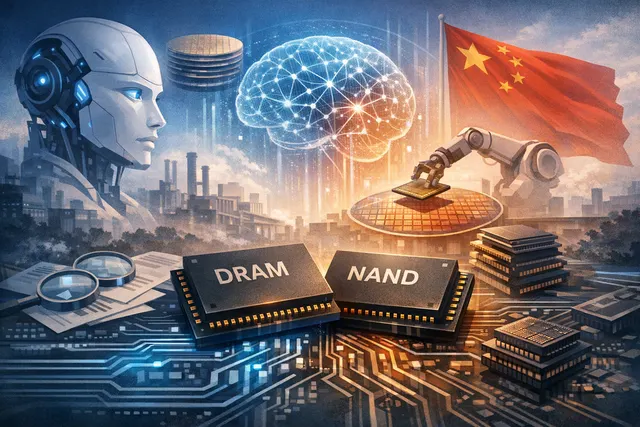 Abstract visualization of AI-driven memory chip demand reshaping global semiconductor market dynamics, with Chinese chipmakers CXMT and YMTC gaining pricing power.