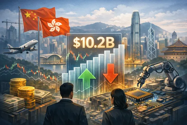 Editorial illustration of Alibaba’s record Hong Kong share sale funding artificial intelligence investment while investors weigh dilution and market-trust concerns