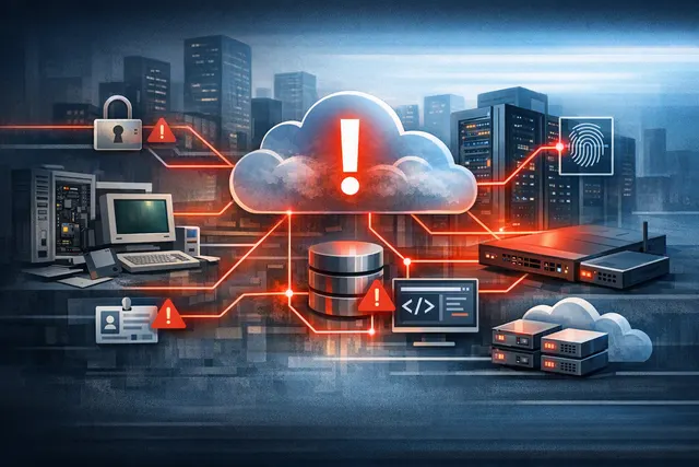 Editorial illustration of cybersecurity vulnerabilities affecting Linux infrastructure, legacy software, and cloud systems