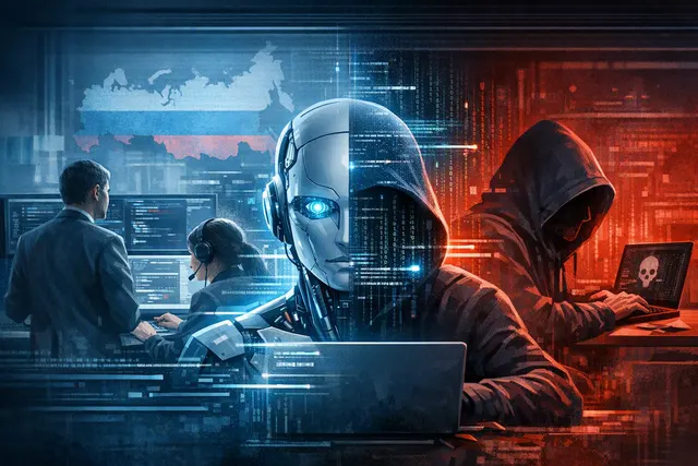 Abstract editorial illustration of an AI coding agent connected to a corporate network under ransomware attack