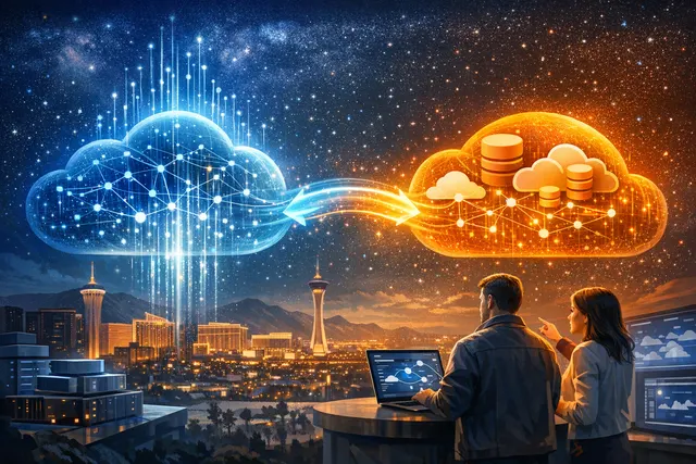 Abstract visualization of Workday Data Cloud integrating with AWS for secure, bi-directional enterprise AI data access.