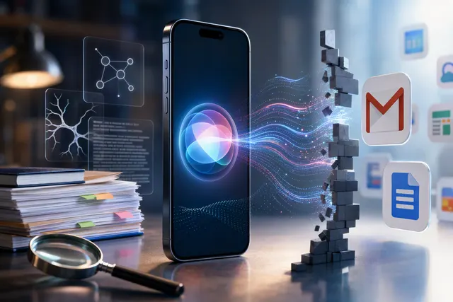 Editorial illustration representing Apple Siri AI and third-party app integration