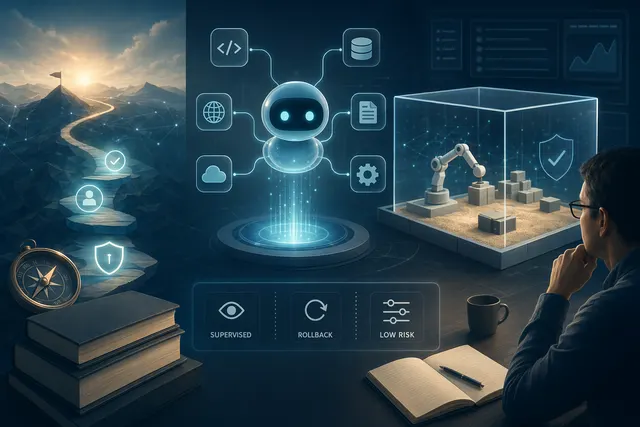 抽象插圖：AI agent 連接工具、API 與工作流程節點