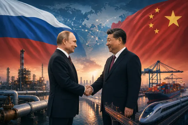 Illustration of Vladimir Putin and Xi Jinping meeting in Beijing during the 2026 summit highlighting Russia–China strategic cooperation
