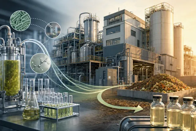 Illustration of an industrial bioprocessing facility for converting food waste into circular polymer materials