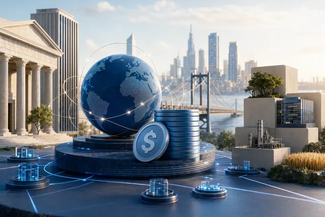 Illustration representing OpenTrade stablecoin yield infrastructure connecting fintech platforms with real‑world asset lending