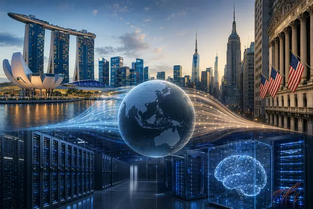 Illustration representing DayOne data centers and potential dual IPO in the United States and Singapore
